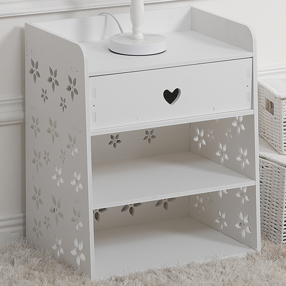 Living and Home Single Drawer White Hollow Carved Pattern Bedside Table Image 1