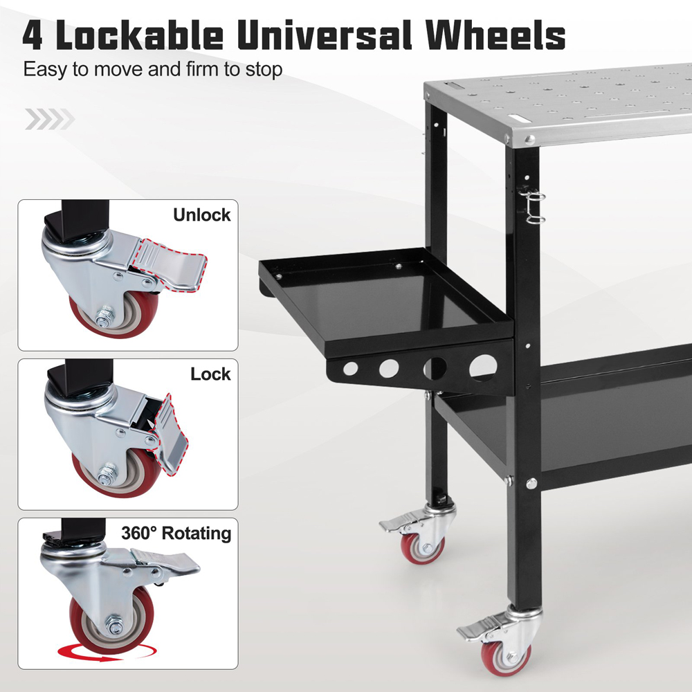 Costway Single Shelf 2 Tray Black Welding Table Workbench with Wheels Image 7