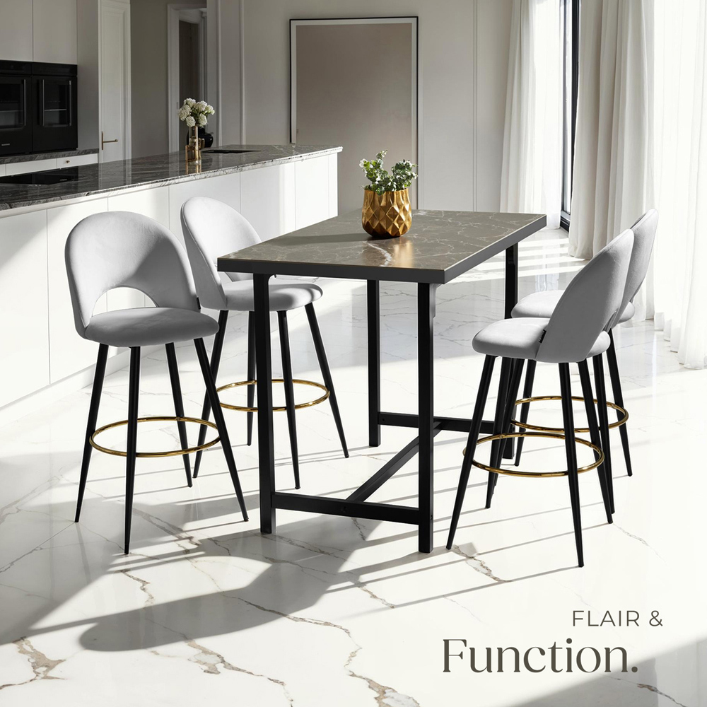 tectake Rachel Light Grey and Black Velvet Look Bar Stool Set of 6 Image 6