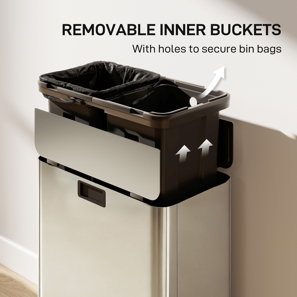 HOMCOM Double Silver Pedal Bin with Removable Inner Bucket and Soft-Close Lid 56L Image 7