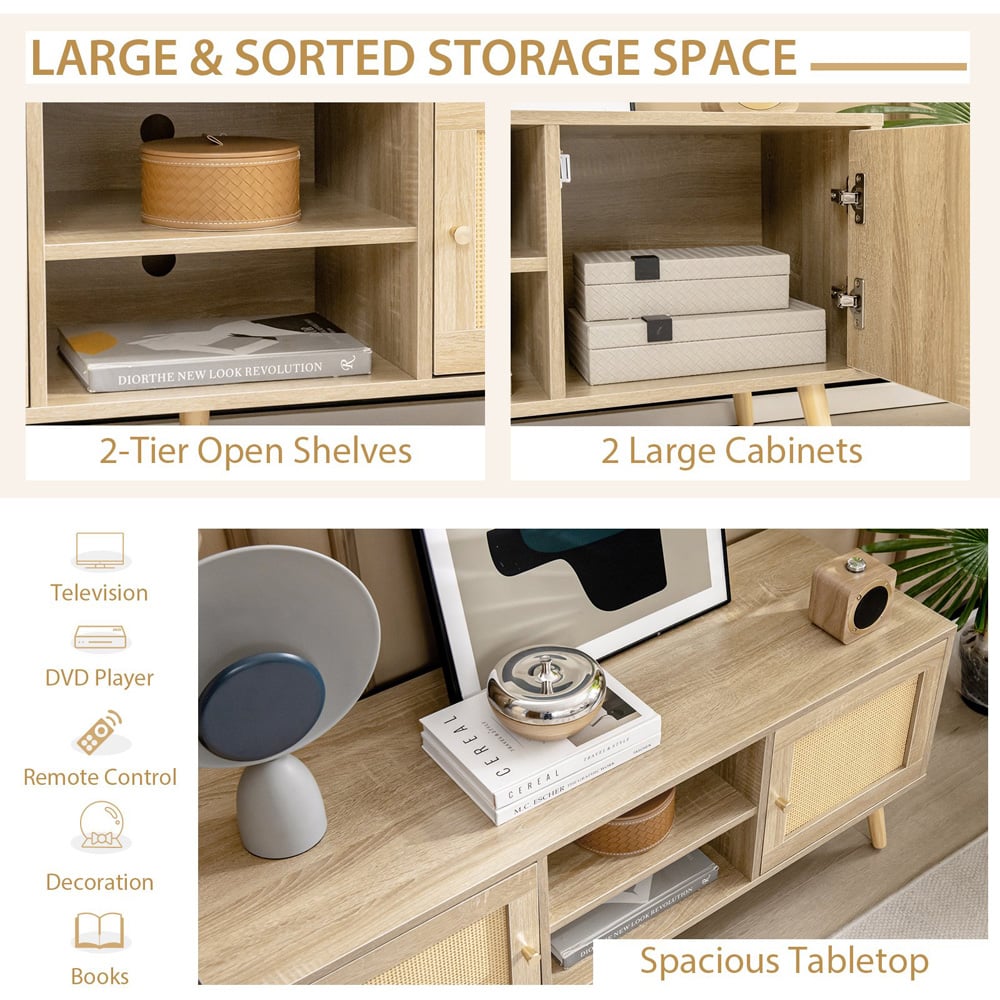 Costway 2 Door 2 Shelf Boho PE Rattan TV Stand Image 6