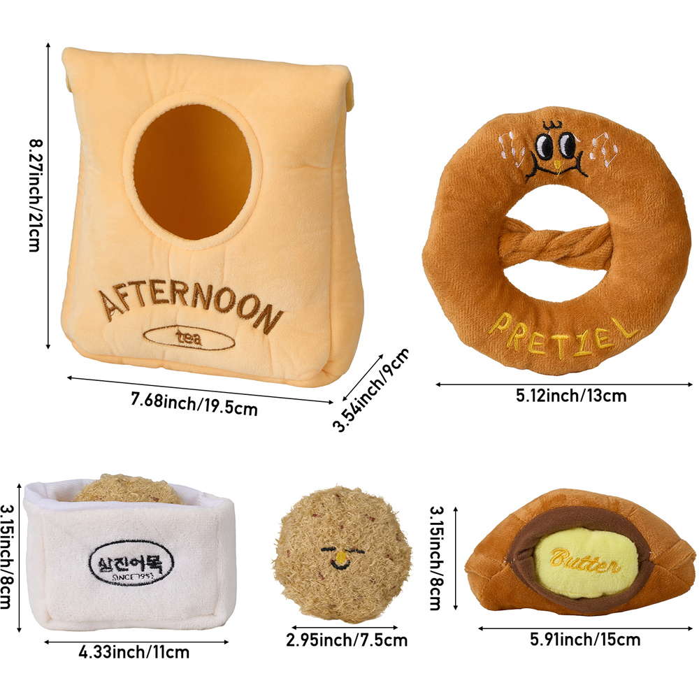 H&O Direct 4 Piece Squeaky Fish Cake Croissant and Pretzel Soft Plush Interactive Dog Toy Set Image 6