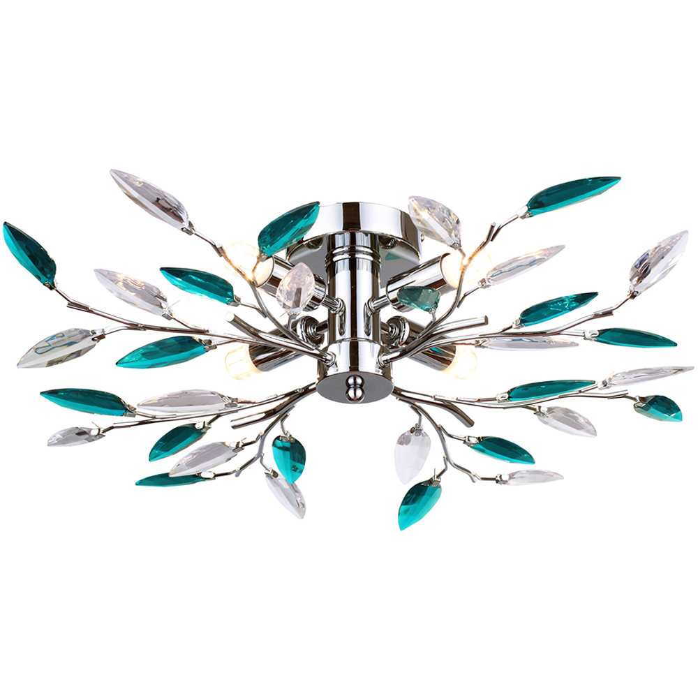 Happy Homewares Modern Teal Acrylic Leaves Chrome Semi Flush Ceiling Light Image