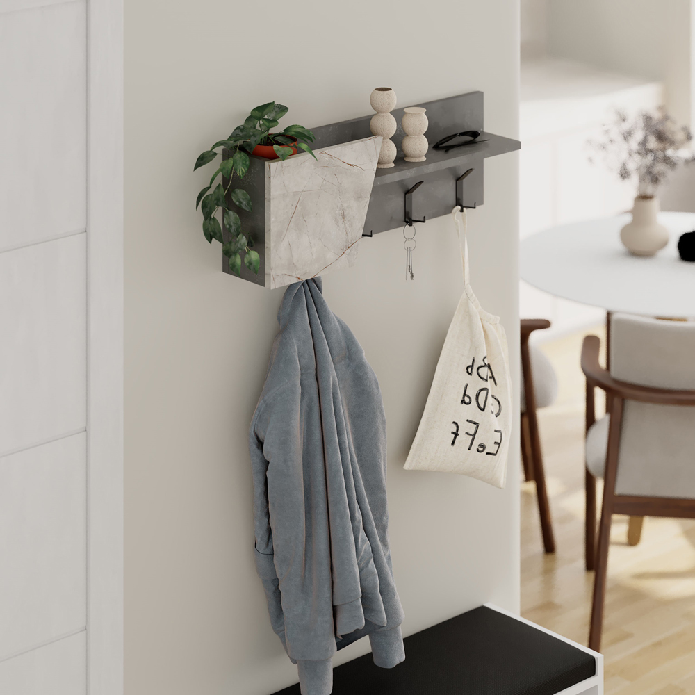 Decortie Eleva Single Shelf Retro Grey and Gold Marble Effect Modern Wall Mounted Coat Hanger Image 2
