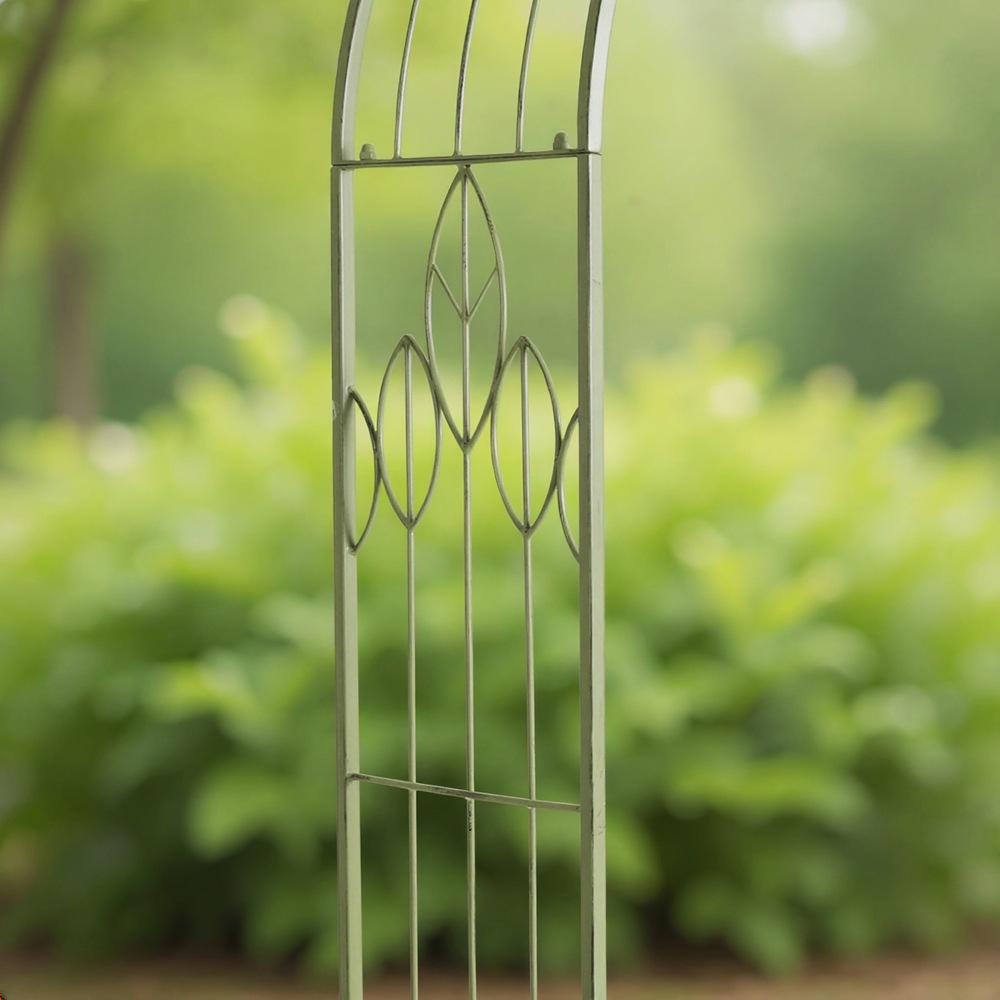 Charles Bentley 6.9 x 1.2 x 3.4ft Sage Green Rustic Metal Leaf Pattern Garden Arch Image 5