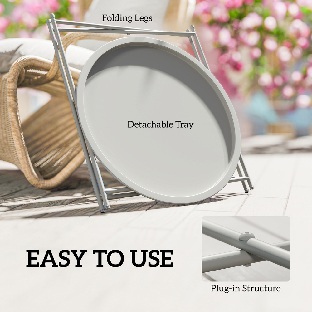Outsunny White Round Foldable Garden Side Table with Removable Tray Image 4