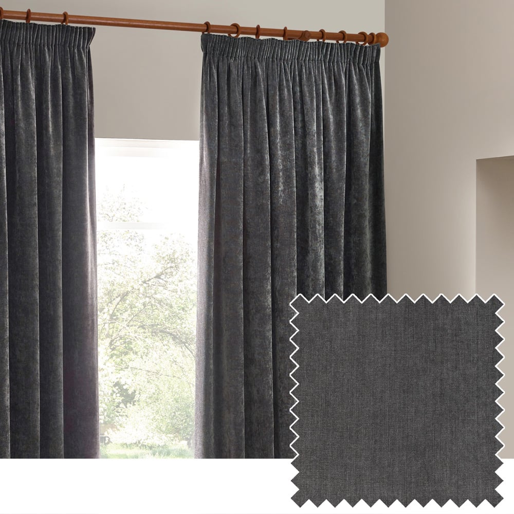 Yard Heavy Charcoal Chenille Velvet Pencil Pleat Curtains 168 x 137cm Image 4