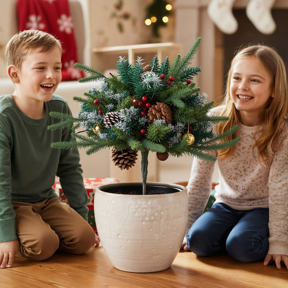 Living and Home Pre-Lit Christmas Planter Bush with Pinecones and Red Berries 58cm 2 Pack Image 7