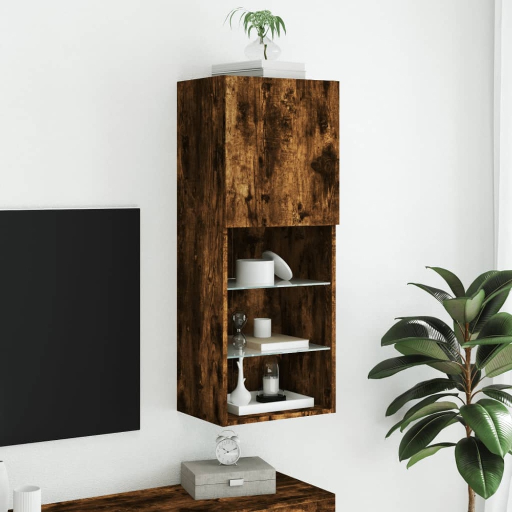 vidaXL Single Door 3 Shelf Smoked Oak Wall Mounted LED TV Cabinet Image 4