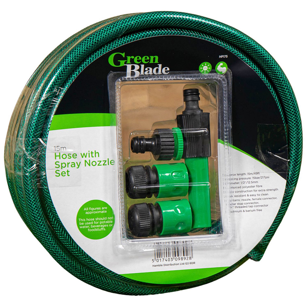Samuel Alexander 15m Reinforced Green Garden Hosepipe with Spray Nozzle Image 1