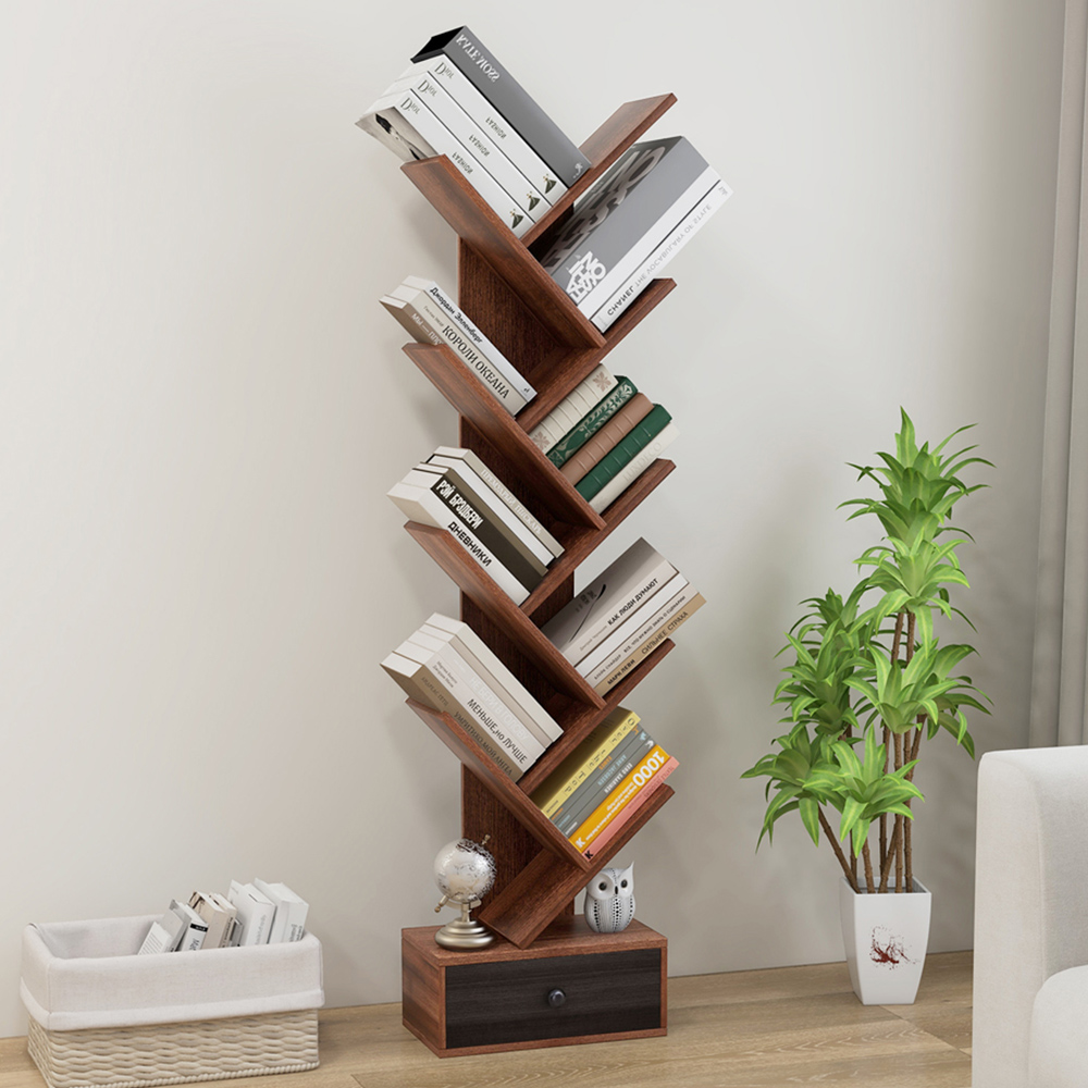 Costway Single Drawer 10 Shelf Brown Tree Bookshelf Image 1