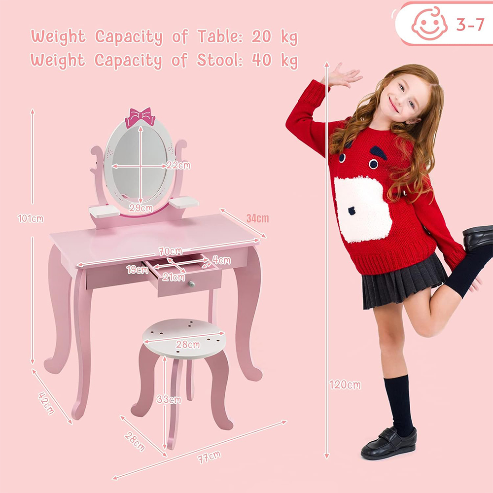 Costway 2 in 1 Pink and White Rotating Mirror Kids Vanity Table with Stool Image 9