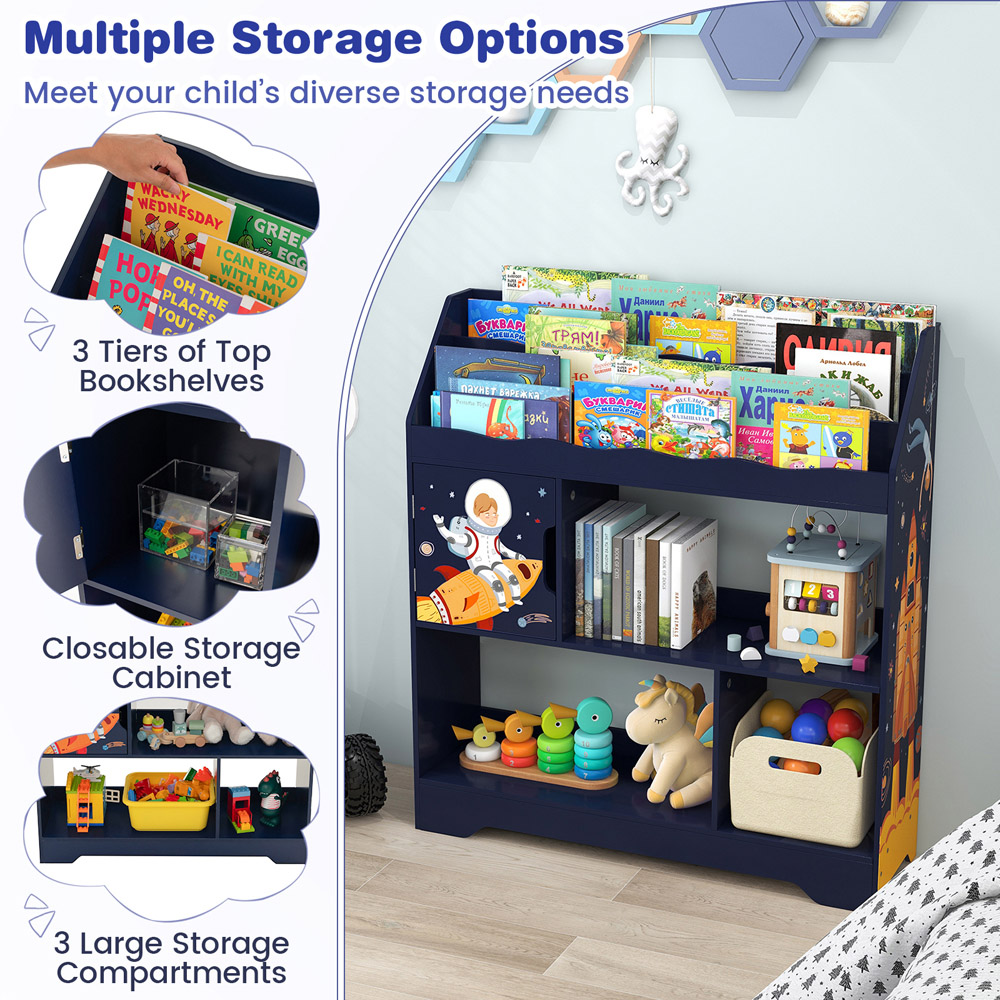 Costway Single Door 3 Shelf Kids Dark Blue Bookcase Image 6