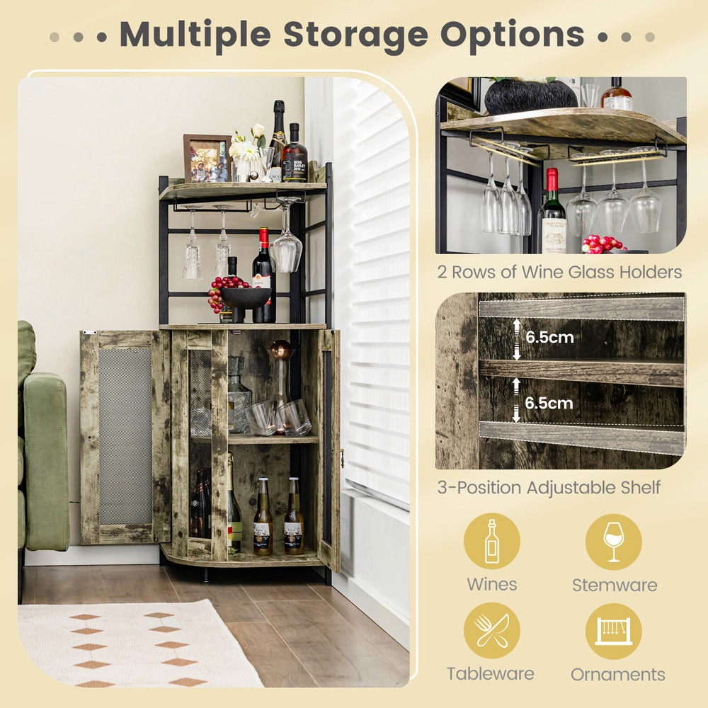Costway 2 Door 2 Shelf Rustic Brown Industrial Corner Wine Bar Cabinet Image 5
