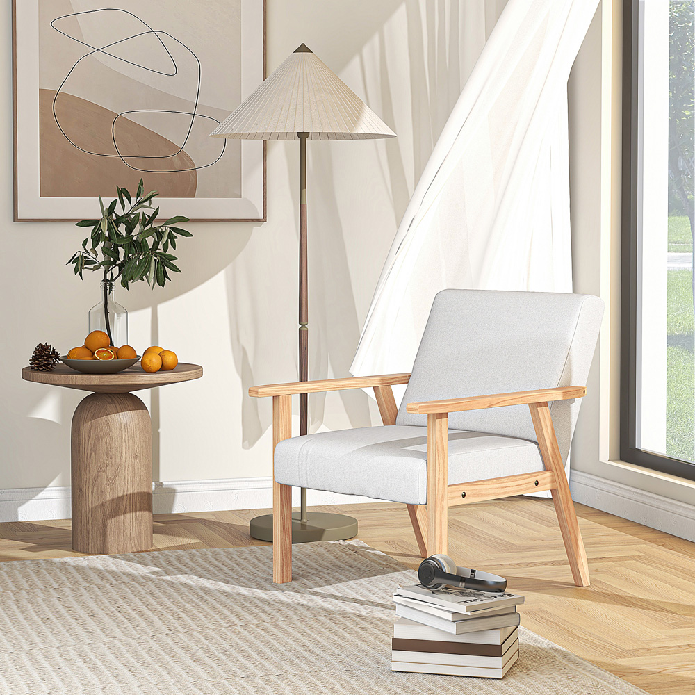 HOMCOM Cream White Wood Frame Accent Armchair with Linen Cushions Image 4