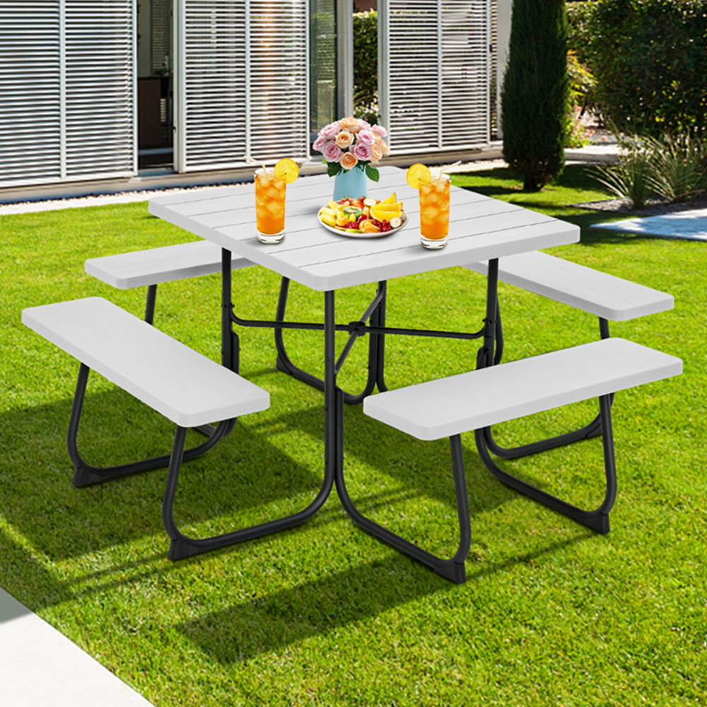 Costway 8 Seater Round Picnic White Table and Bench Set Image 1