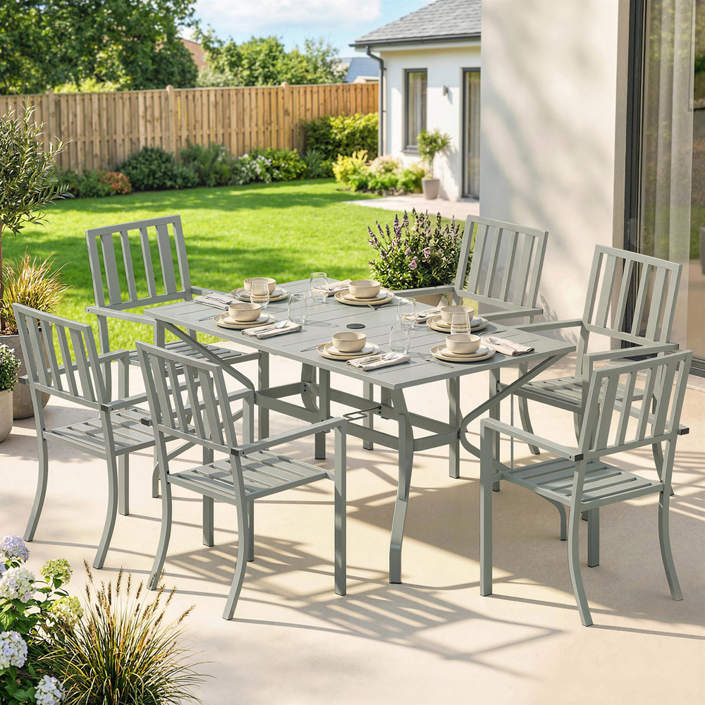 Outsunny 6 Seater Patio Stackable Dining Set with Umbrella Hole Light Grey Image 1