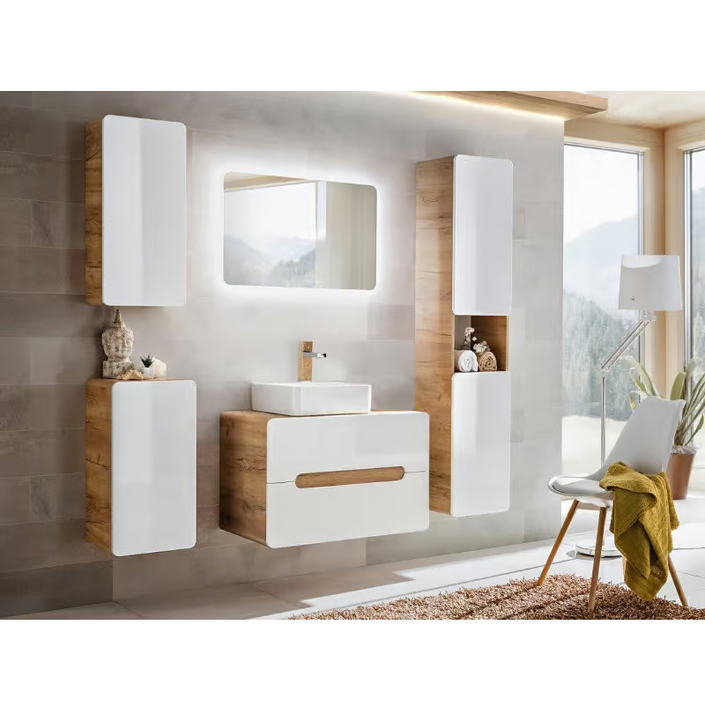 Impact Furniture Aruba White Gloss and Oak Wall Hung Bathroom Cabinet with Countertop Sink 800mm Image 7