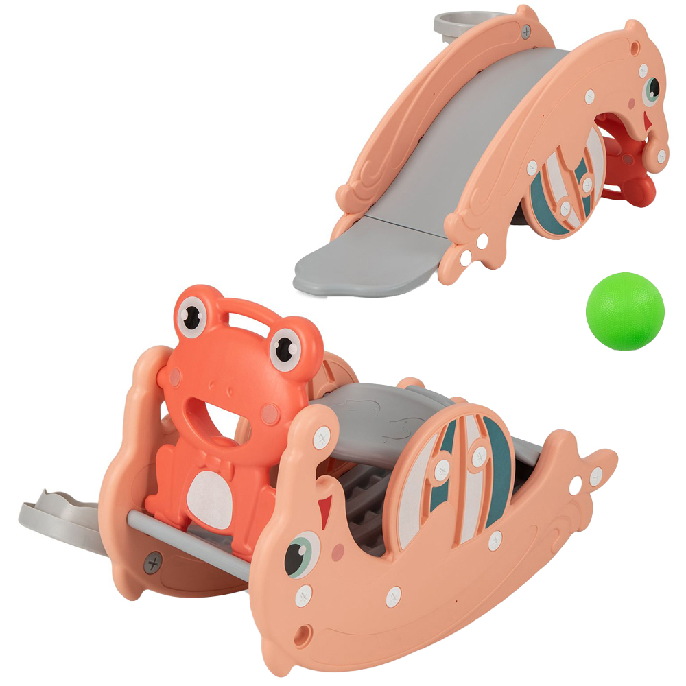 Costway Kids Pink Convertible 3 in 1 Slide Rocking Horse Set with Basketball Hoop Image 1
