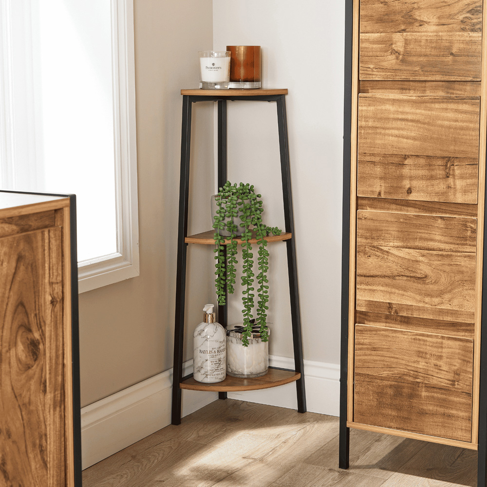Home Source Locastra 3 Shelf Oak and Black Corner Bathroom Storage Unit Image 6