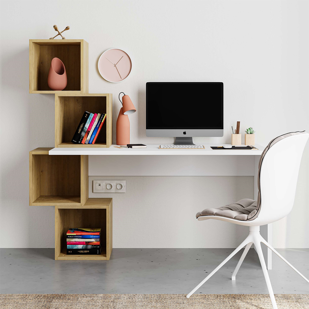 Decortie Balance White and Oak Desk with Shelves Image 4