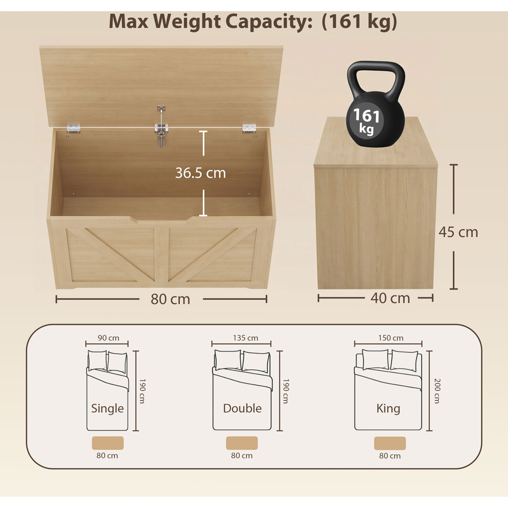 HOMCOM 100L Nature Wood Storage Trunk with Safety Hinge Image 9