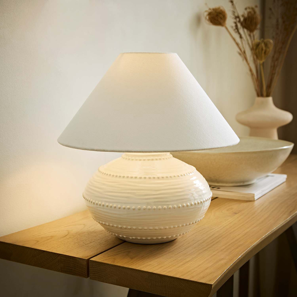 ValueLights Tibby White Conical Shade Cream Bobble Textured Ceramic Table Lamp with Bulb Image 6