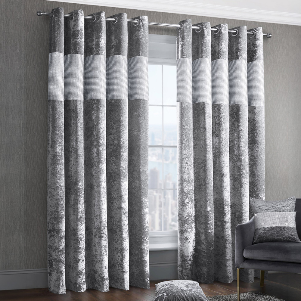Intimates Silver Crushed Velvet Diamante Fully Lined Ring Top Curtains 117 x 183cm Image 1
