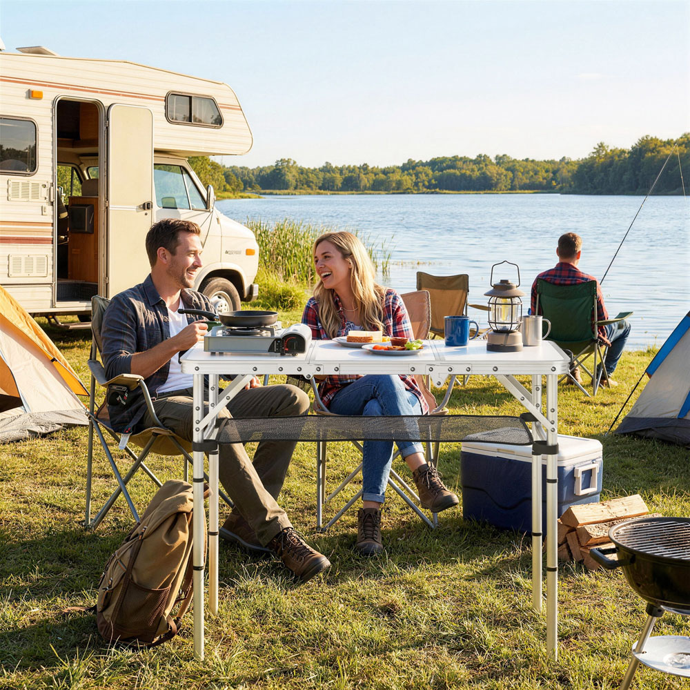 Outsunny 3ft White Foldable Camping Table with Storage Layer Image 5