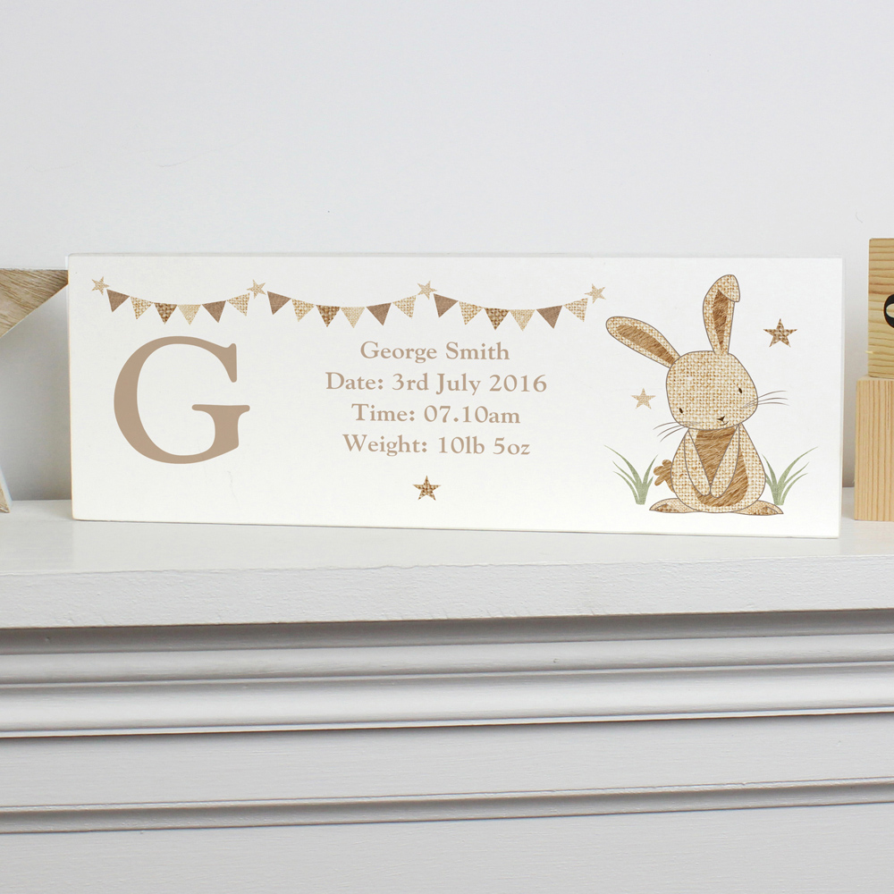 Personalised Memento Hessian Rabbit Wooden Mantel Decoration Image 2