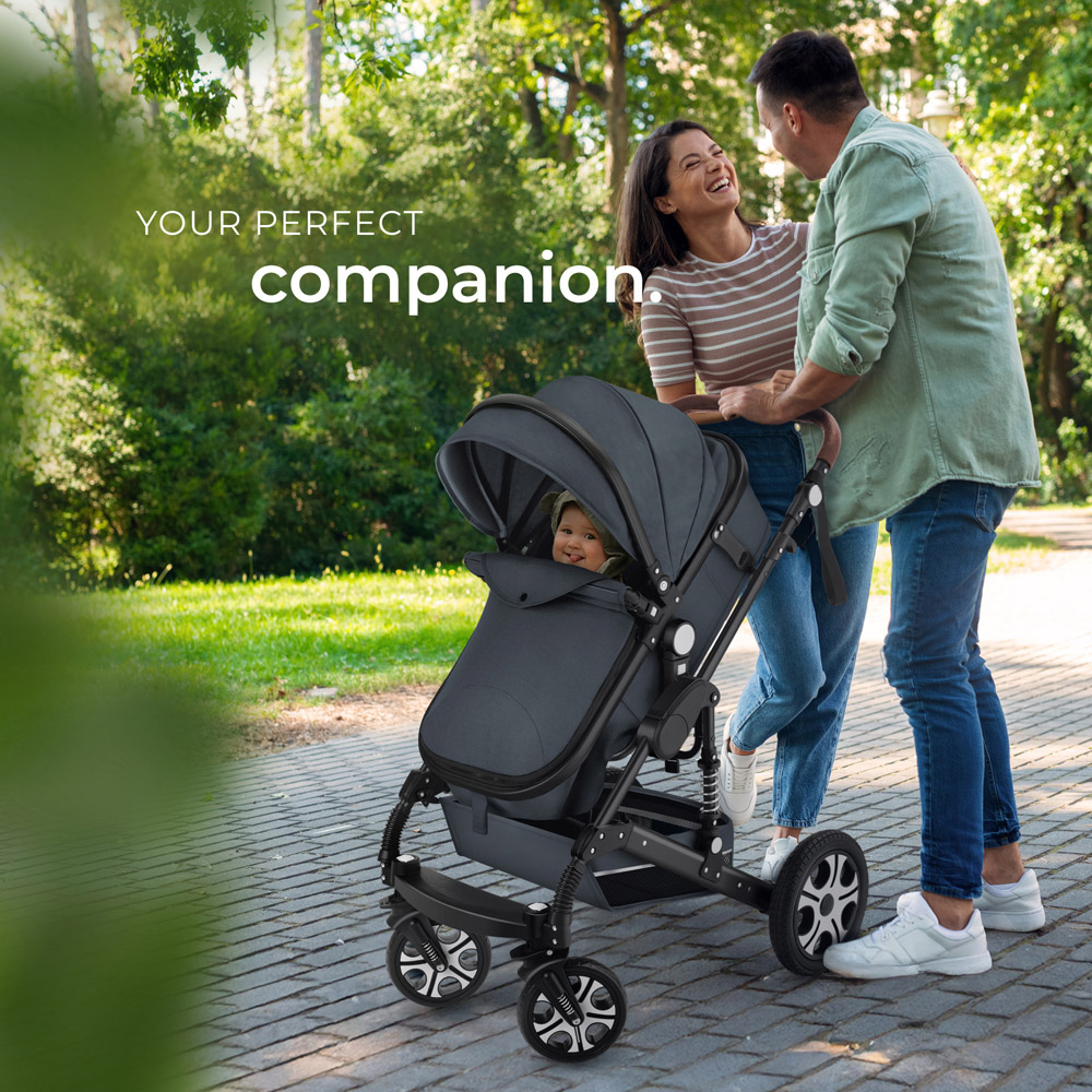 tectake Anthracite Foldable Pram Stroller with 5 Point Harness Safety Bar and Wrist Strap Image 8