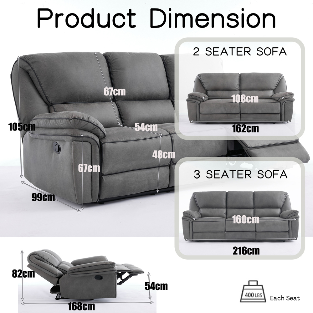 Langham 4 Seater Light Grey Leathaire Manual Recliner Sofa Set Image 9