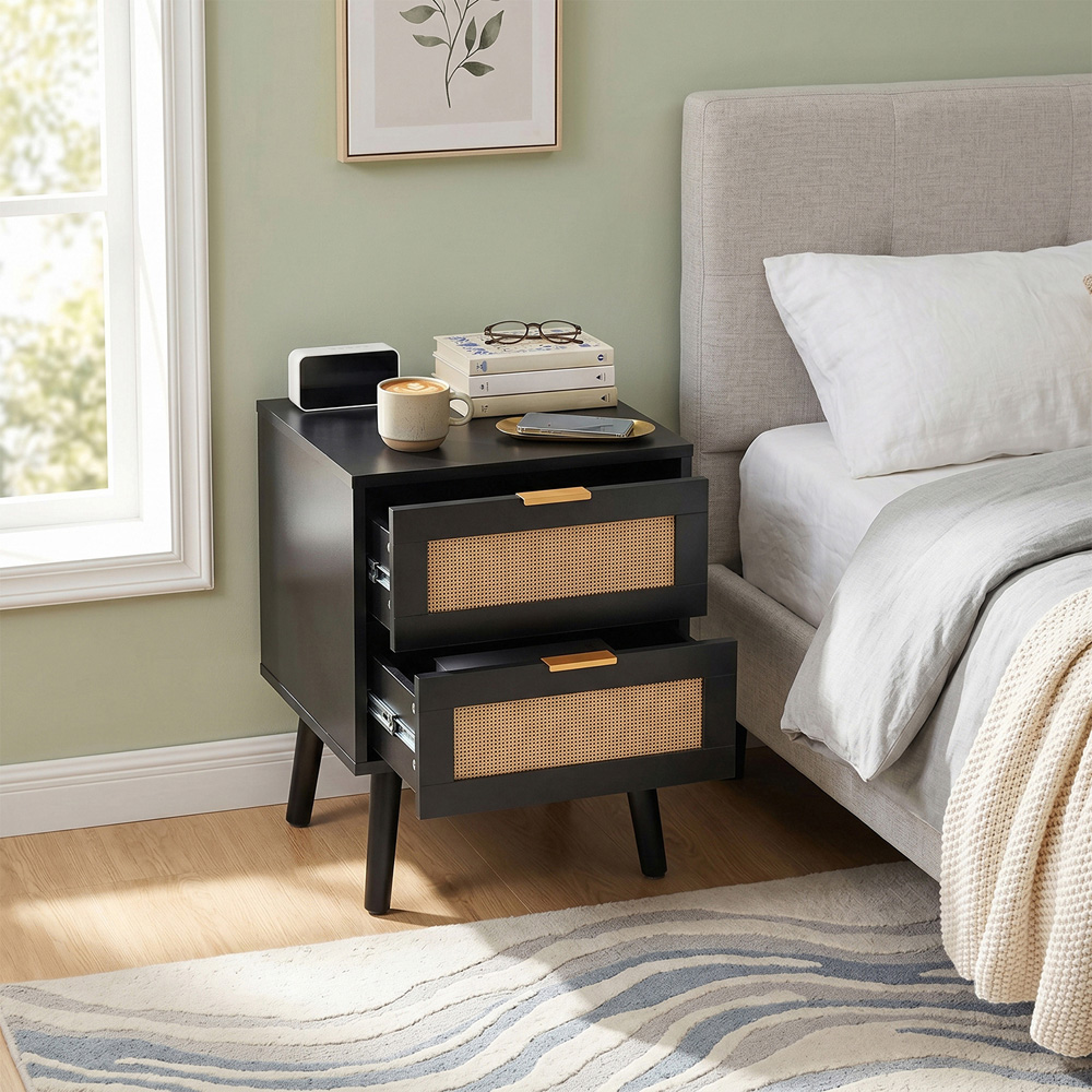 Living and Home 2 Drawer Black Rattan Bedside Table Set of 2 Image 8
