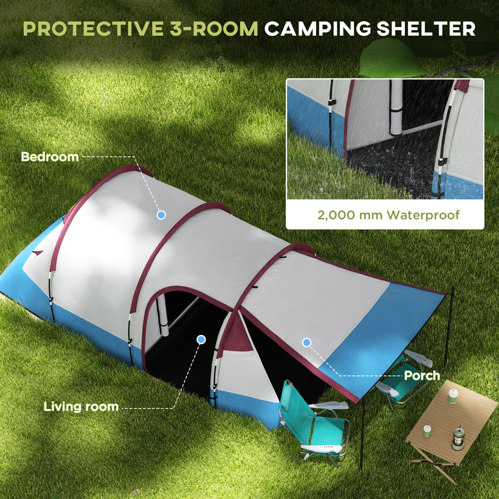 Outsunny 2-3 Person Tunnel Camping Tent with Bedroom and Living Room Red and Blue Image 5