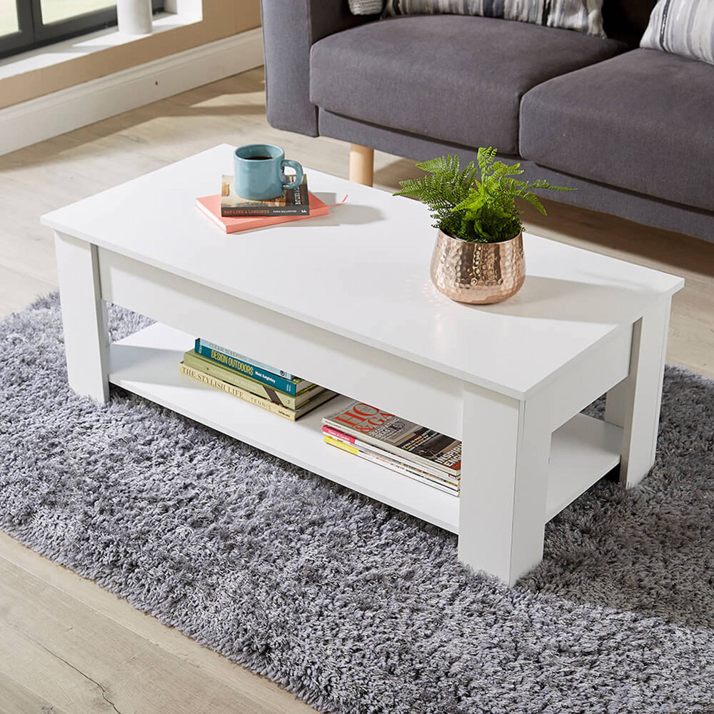 Home Source Orlando Single Shelf White Lift Up Storage Coffee Table Image 6