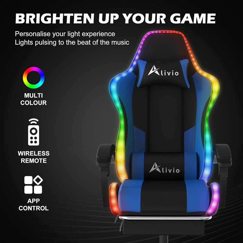 Alivio Blue PU Leather Wireless App Control LED Gaming Chair with Massage Lumbar Cushion Image 8