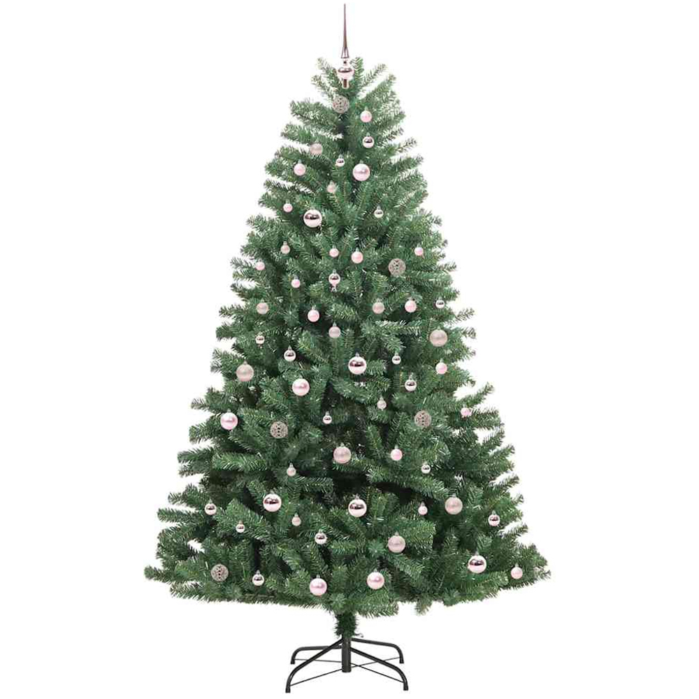 vidaXL Pre-Lit Pink Baubles Green Artificial Hinged Christmas Tree 7ft Image 4