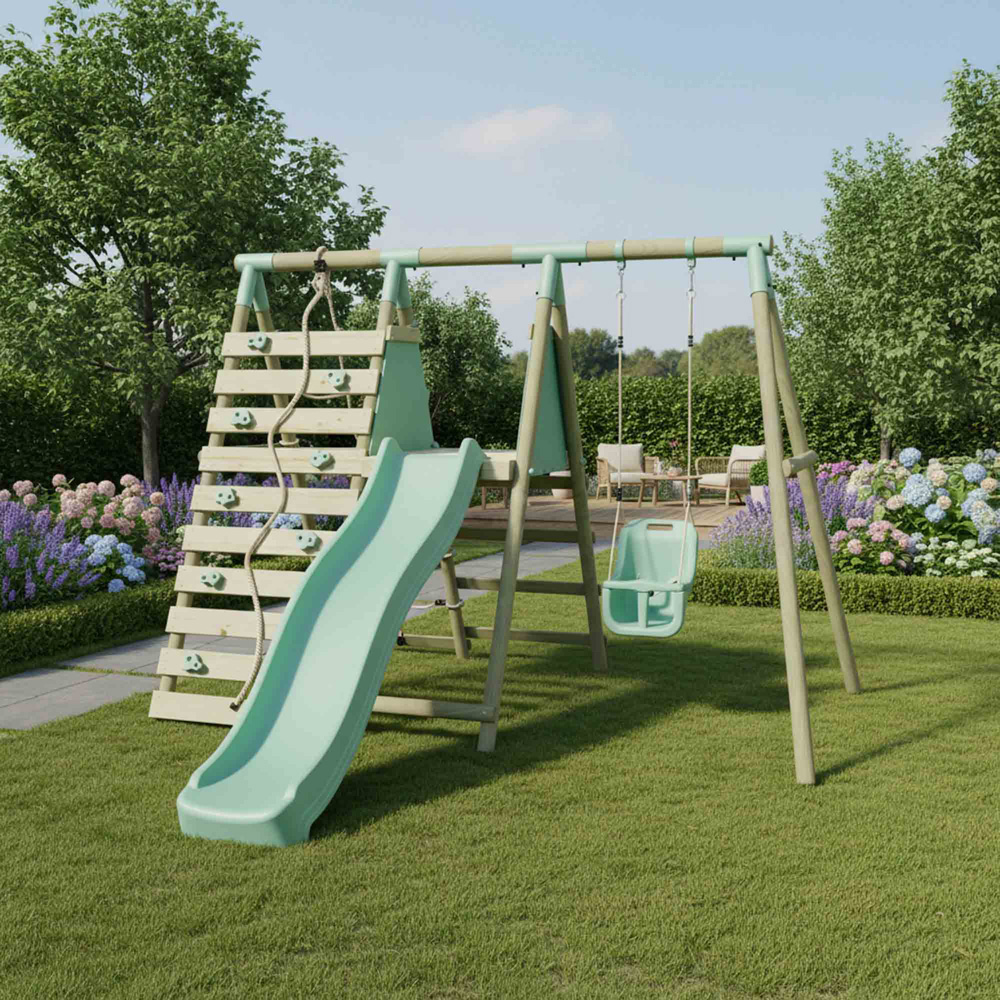 Mercia Wooden Round Pole Baby Seat Swing Set with Climbing Wall and Slide Image 2