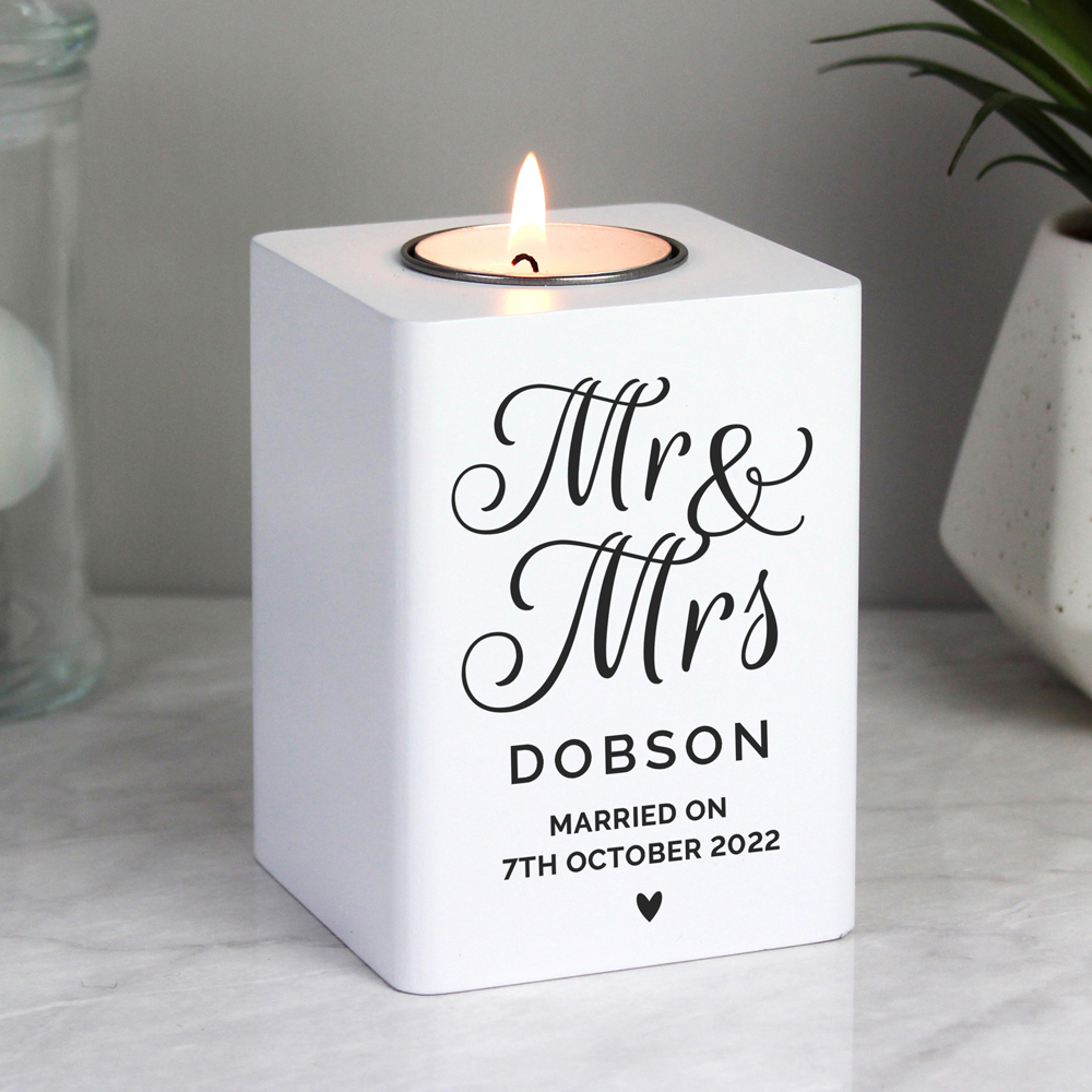Personalised Memento Personalised Mr and Mrs White Wooden Tea Light Holder Image 3