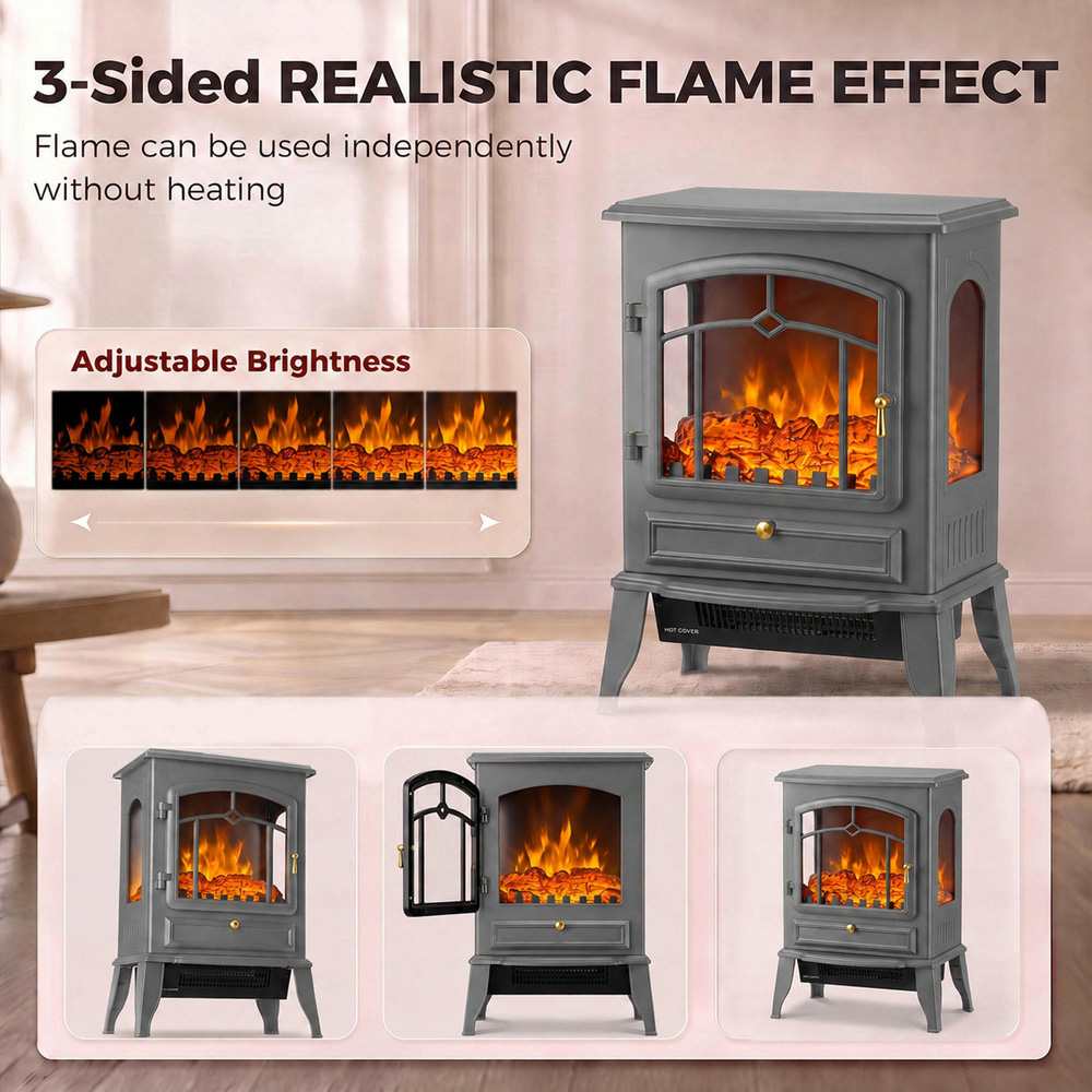 HOMCOM 3-Sided Grey Electric Fireplace Stove with Realistic Log Flame Effect Image 4