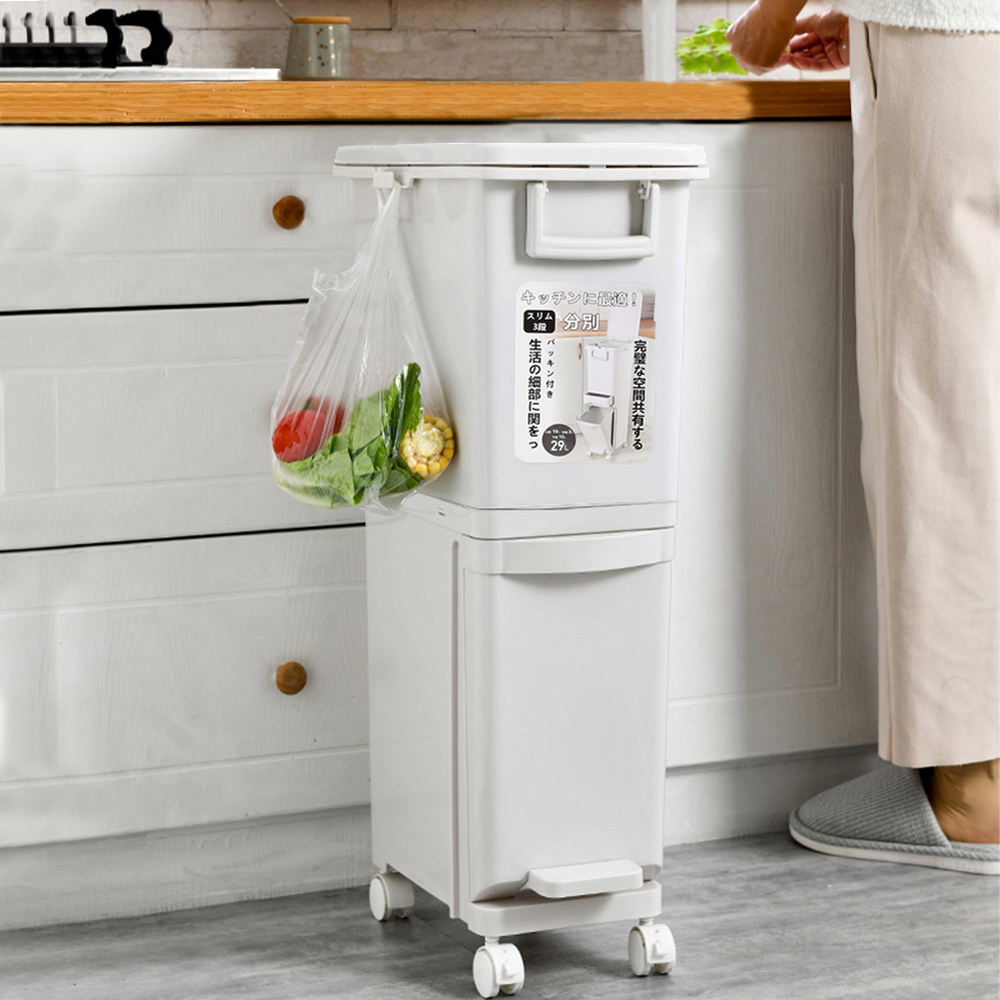 Living and Home White 2 Tier Kitchen Dustbin with Wheels 29L Image 2
