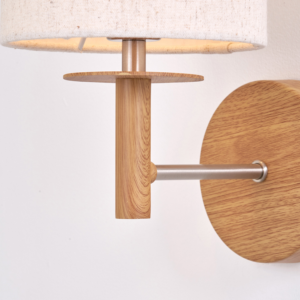 Pacific Lifestyle Bonham White Fabric Shade Natural Wood Veneer and Silver Metal Wall Light Image 3