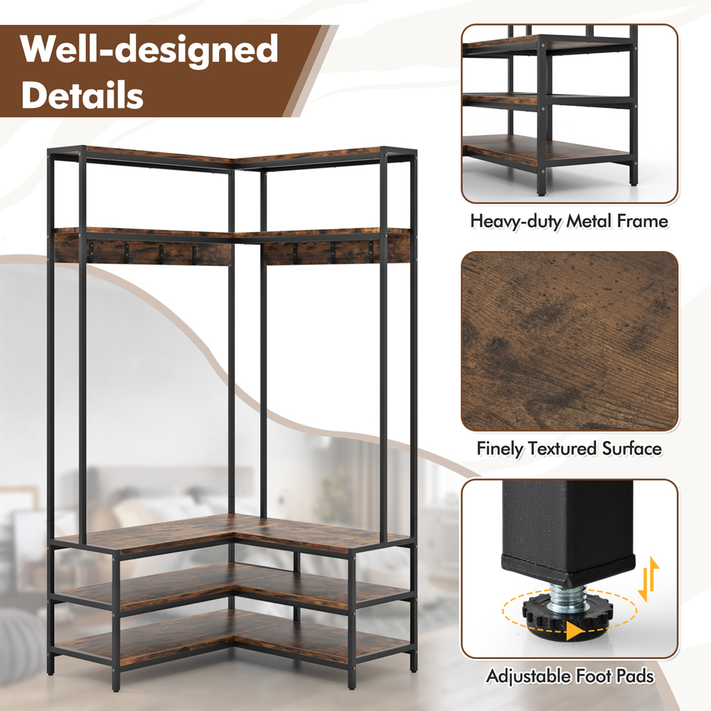 Costway 4 Shelf Rustic Brown L-shaped Clothes Corner Garment Rack with 7 Hooks Image 4