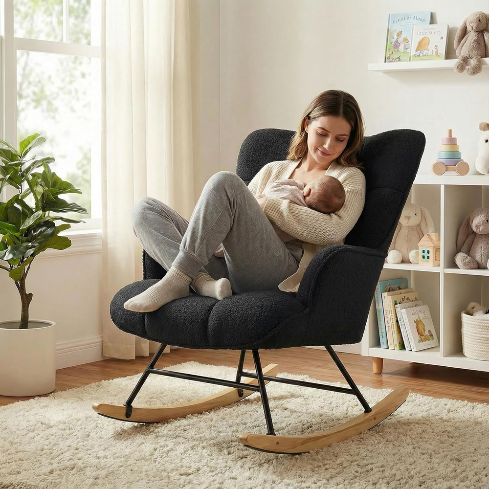 Alivio Black Teddy Plush High Backrest Rocking Chair Image 5