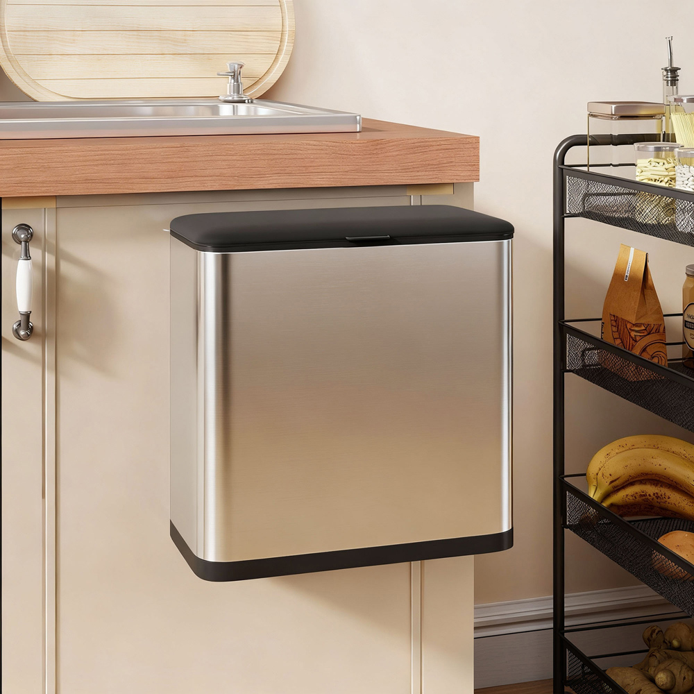 HOMCOM Silver Under Sink Hanging Kitchen Bin with Stay-Open Lid 8L Image 2