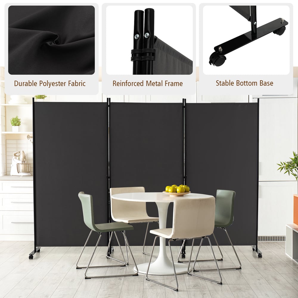 Costway 3 Panel Grey Folding Room Divider with Wheels Image 8