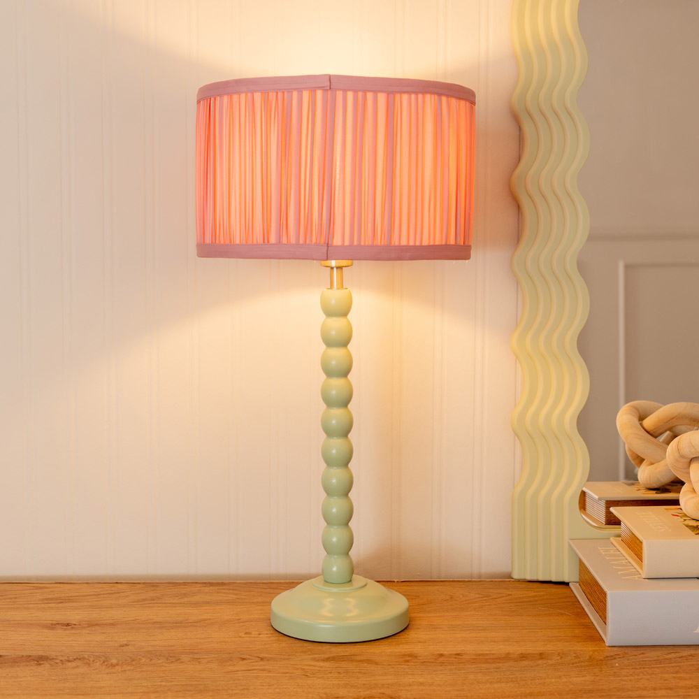 ValueLights Bobbins Ruched Pleated Blush Pink Drum Shade Sage Green LED Table Lamp Image 2