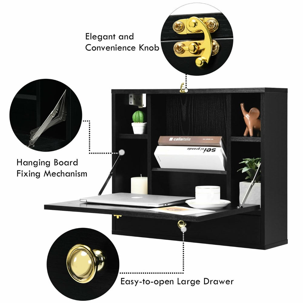 Costway Black Wall Mounted Wooden Cabinet Image 4