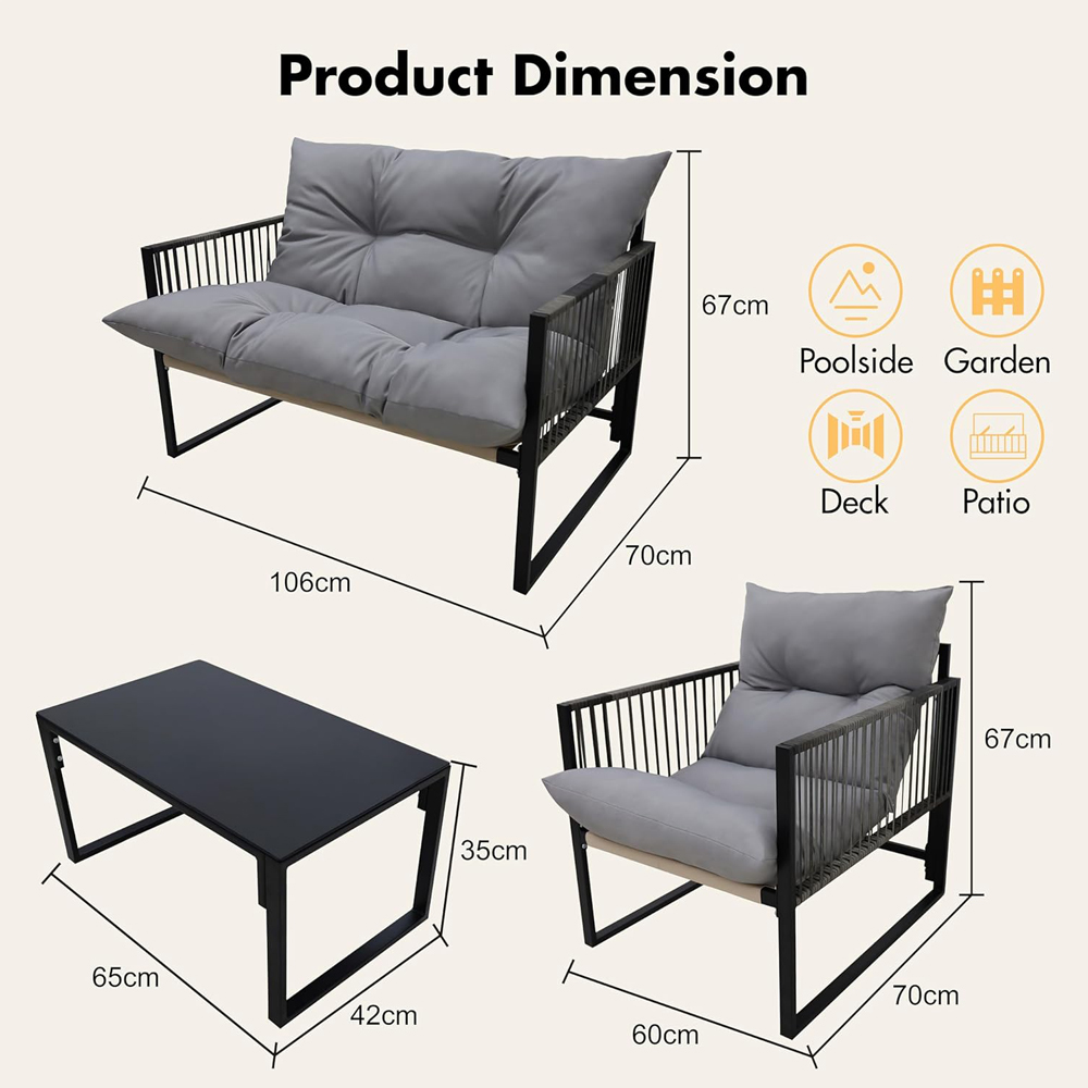 Alivio 4 Seater Grey Garden Sofa Chair Set with Cushions and Coffee Table Image 9