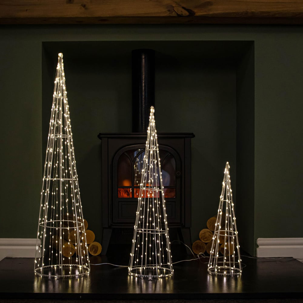 Samuel Alexander Warm White LED Light Up White Metal Dewdrop Christmas Cone Tree Set of 3 Image 9